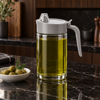 K-114 Glass Oil Dispenser Jar with olive oil in a kitchen
