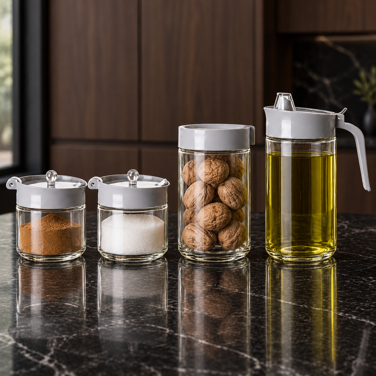 K-117 Glass Kitchen Storage Set with spices, walnuts and olive oil in a kitchen
