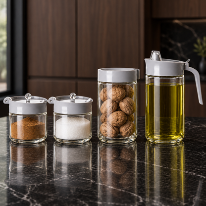 K-117 Glass Kitchen Storage Set with spices, walnuts and olive oil in a kitchen