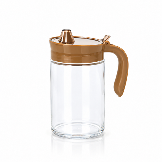 K-123 Glass Oil Dispenser and Jars set of 3 with brown lids on white