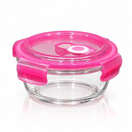 K-125 Round Glass Food Container 420 ml with pink clip lid on white