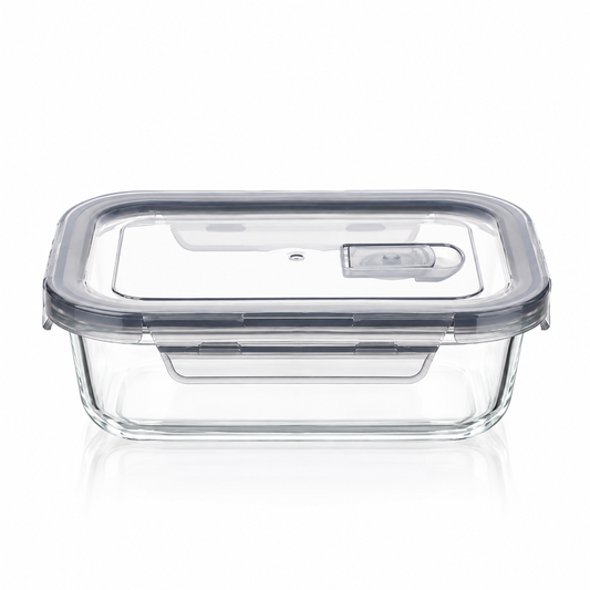 Glass food container with snap-lock lid