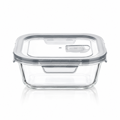 K-129 Square Glass Food Container 800 ml with grey clip lid on white