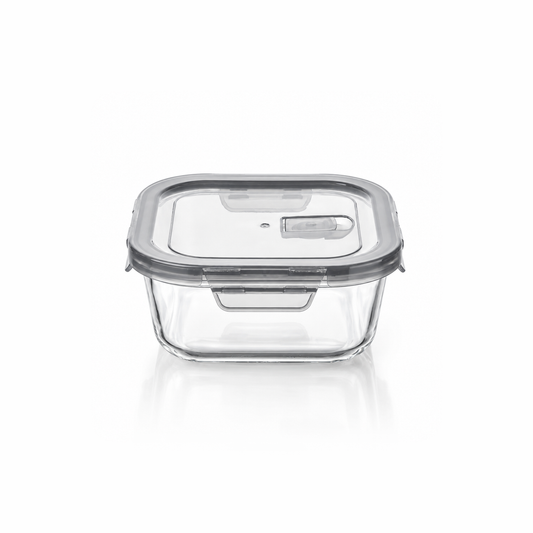 K-129 Square Glass Food Container 800 ml with grey clip lid on white