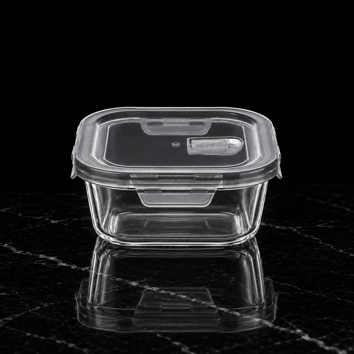 K-129 Square Glass Food Container on black marble
