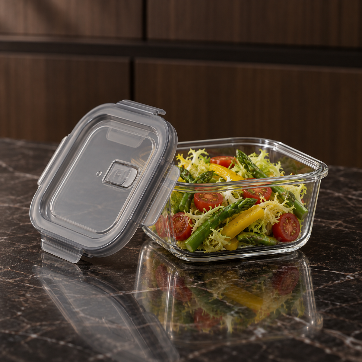 K-129 Square Glass Food Container with fresh salad in a kitchen