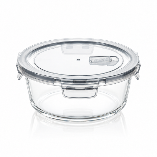 K-130 round glass food storage container 930 ml with clip lid on white