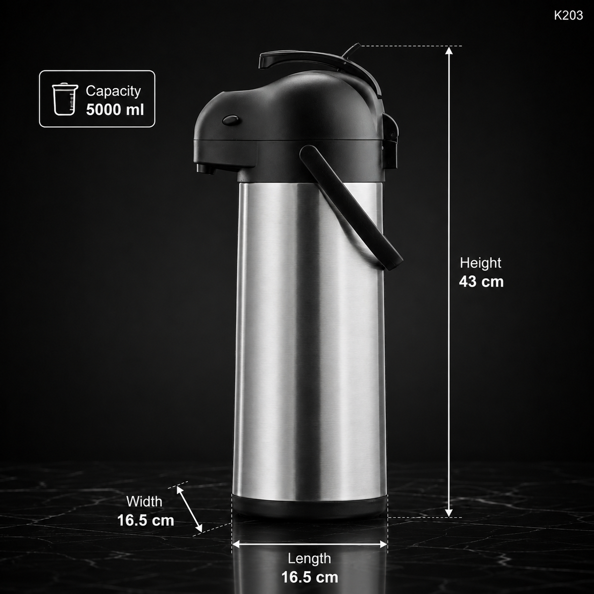 K203 thermal coffee carafe dimensions infographic