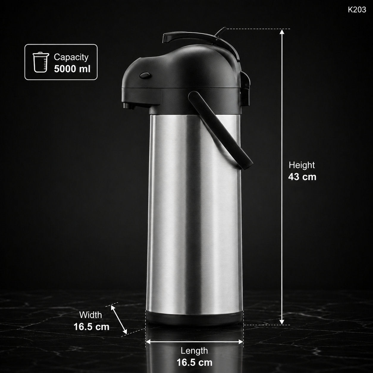 K203 thermal coffee carafe dimensions infographic