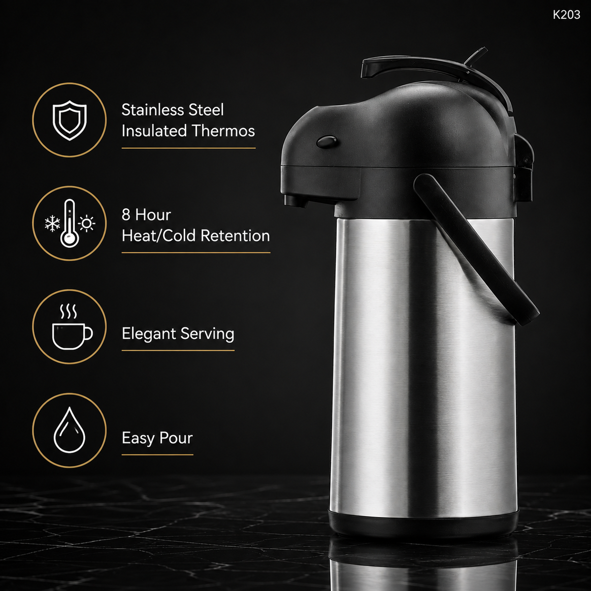 K203 thermal coffee carafe feature infographic