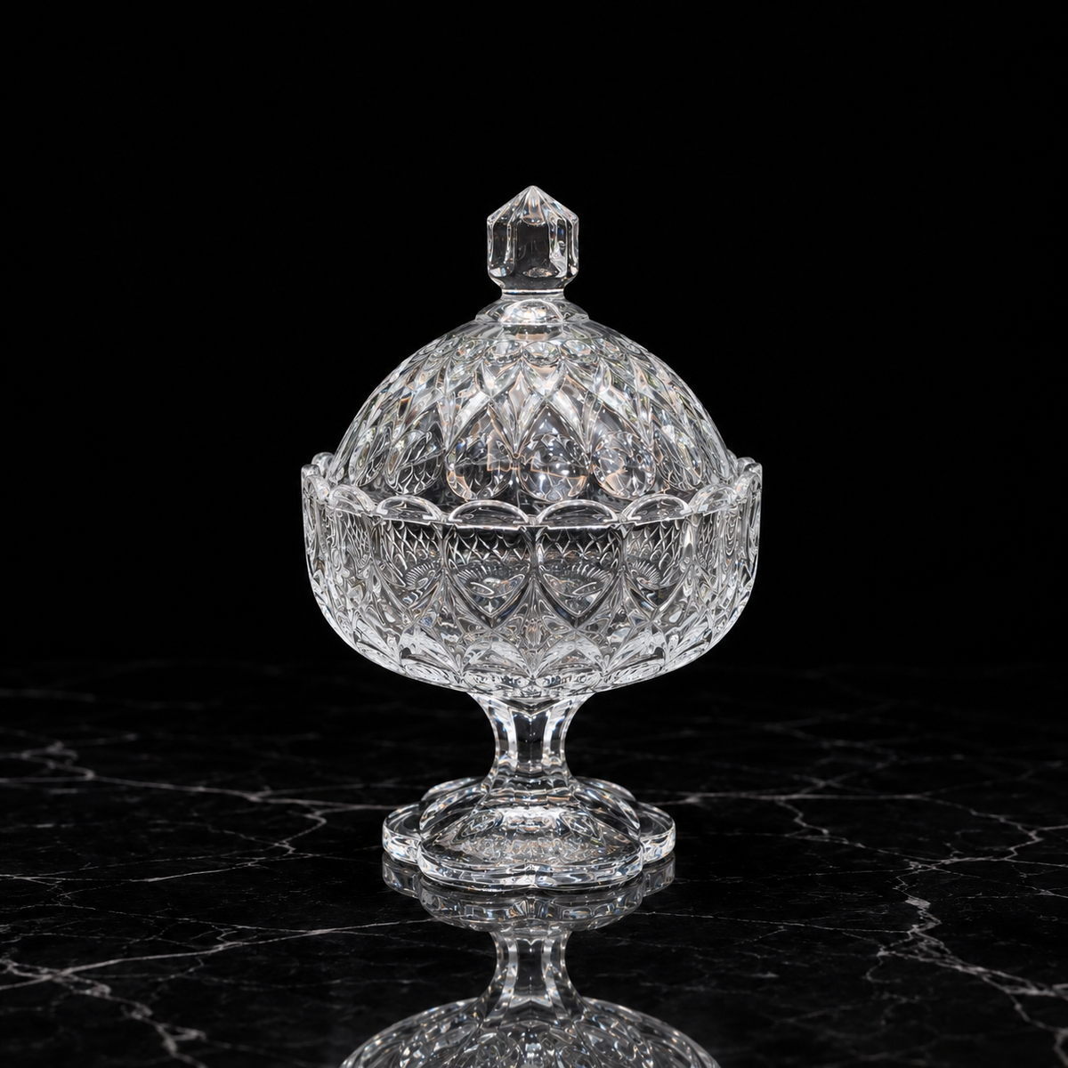Crystal candy bowl on black marble