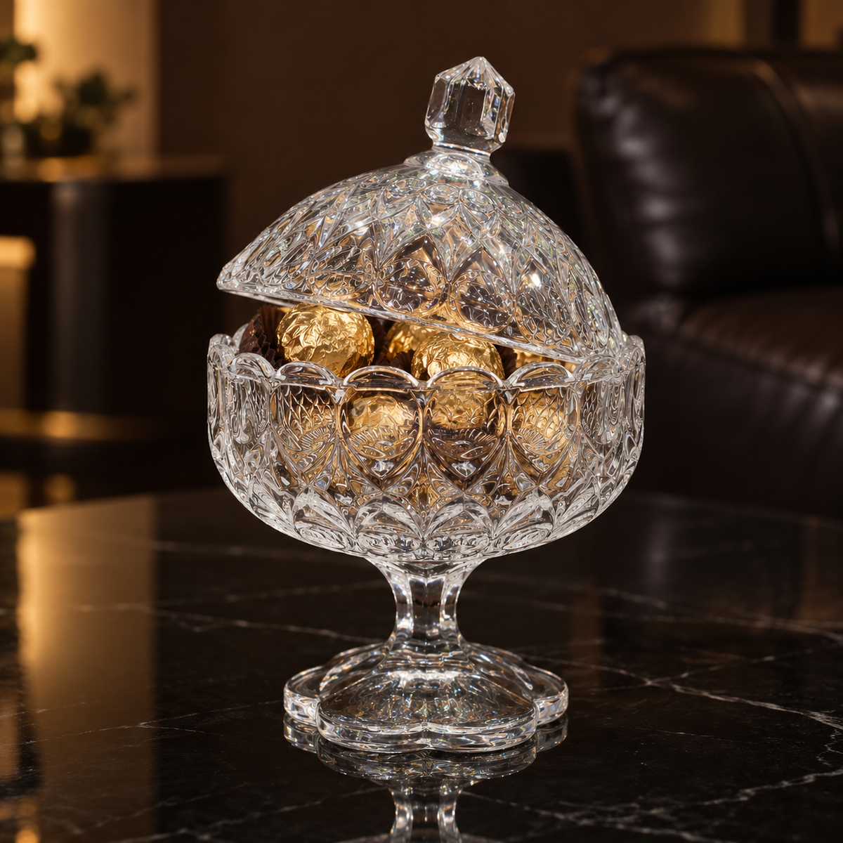 Crystal candy bowl with chocolates in living room