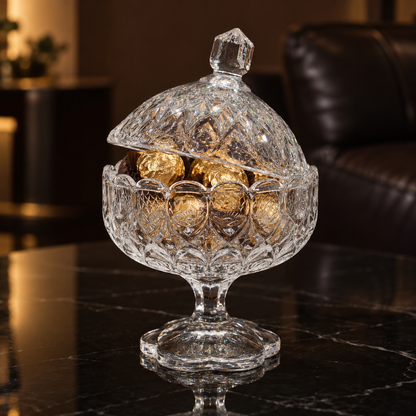 Crystal candy bowl with chocolates in living room