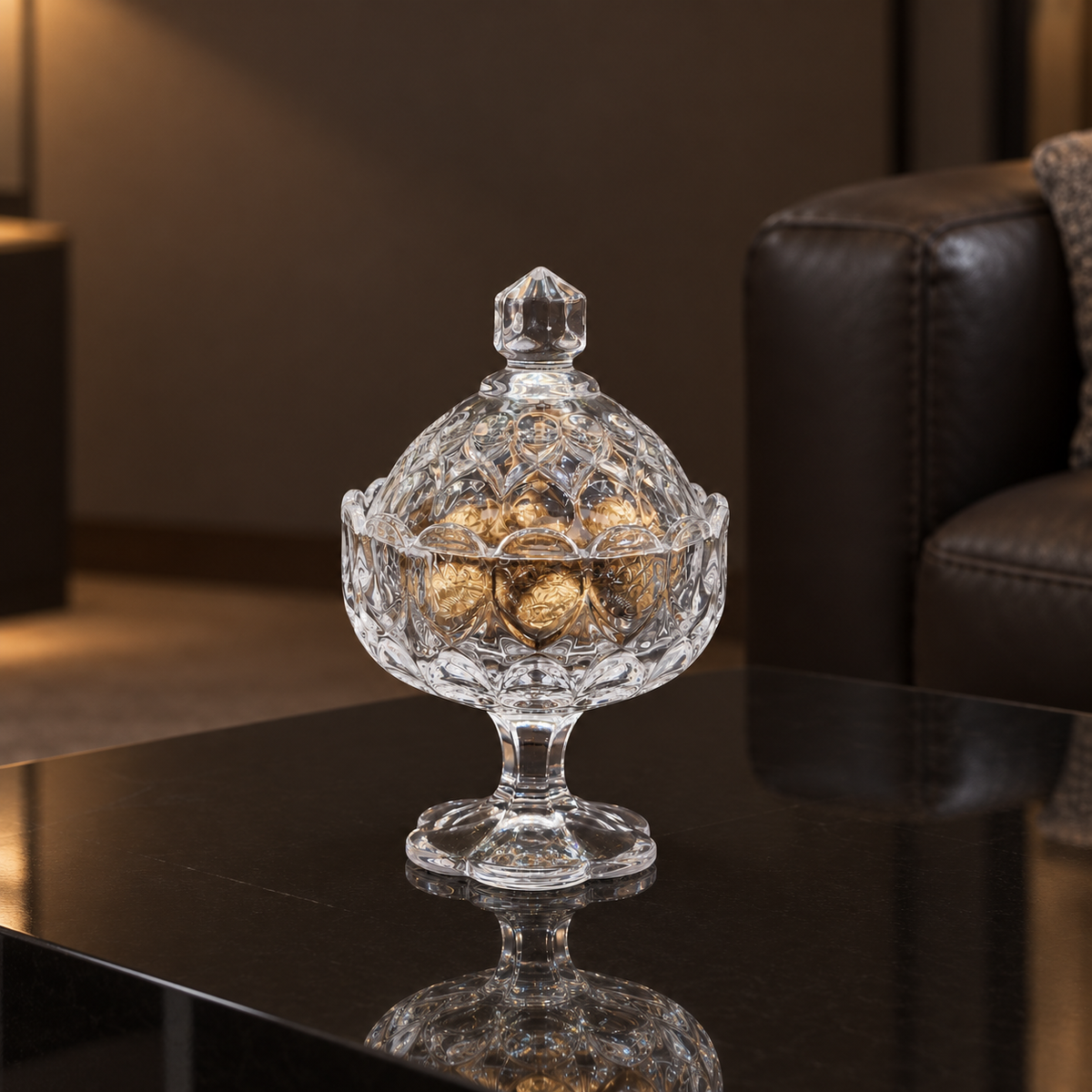 K-443 crystal candy bowl with chocolates in a living room setting