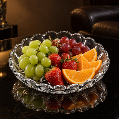 Crystal plate with fruit in living room