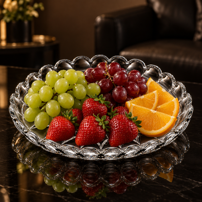 Crystal plate with fruit in living room