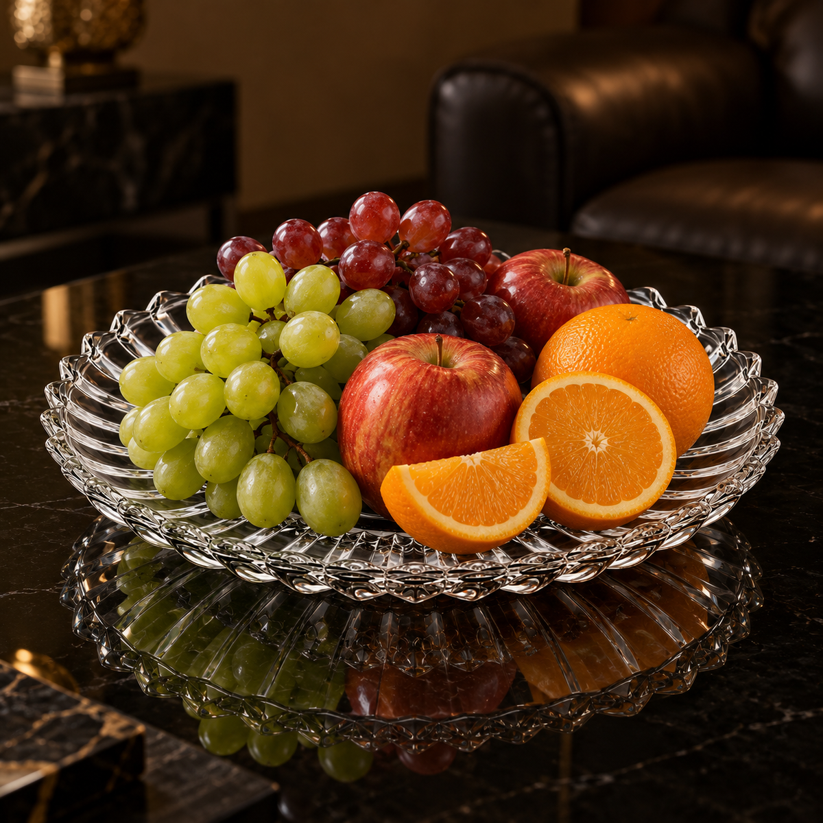 Crystal plate with fruit in living room