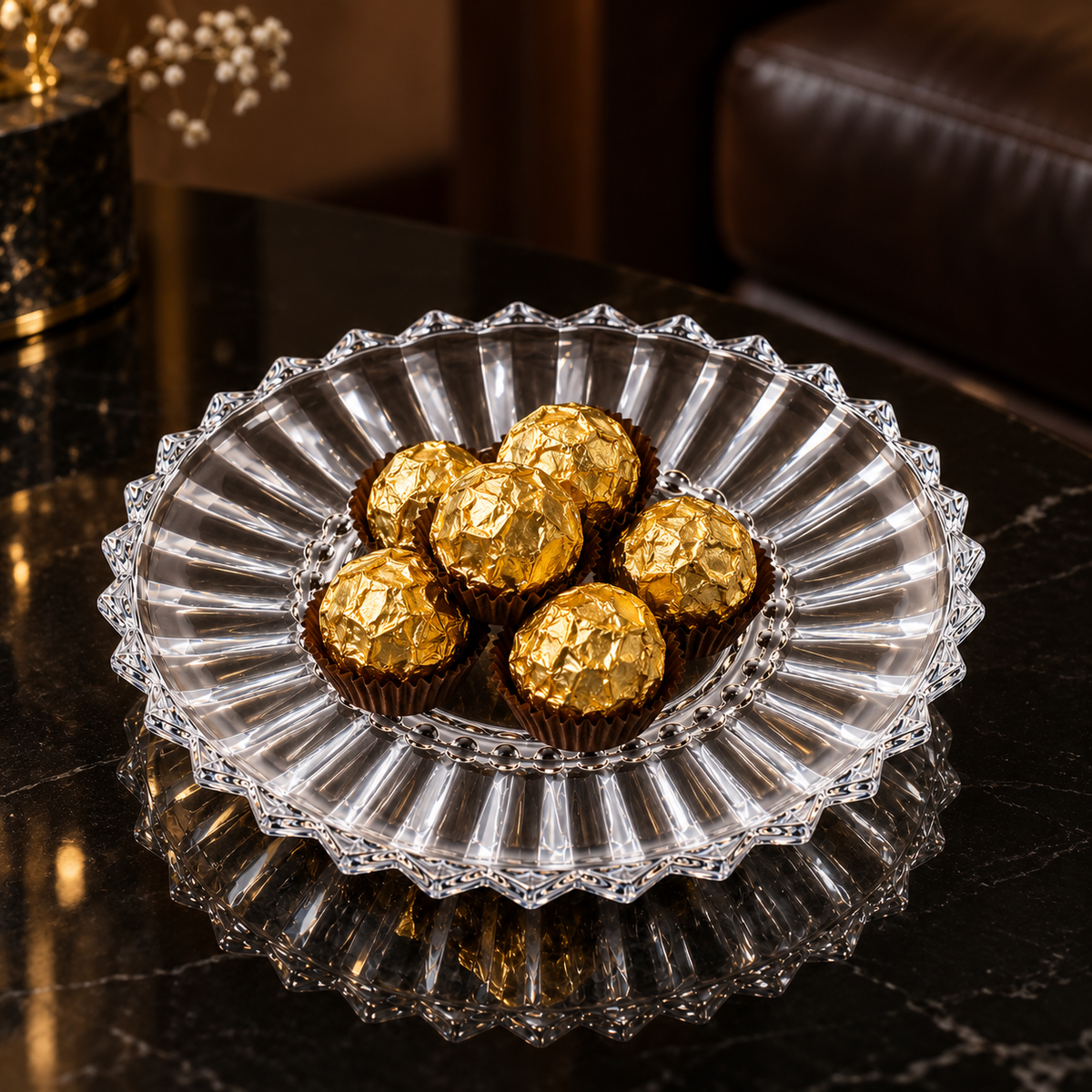 Crystal plate with chocolates in living room