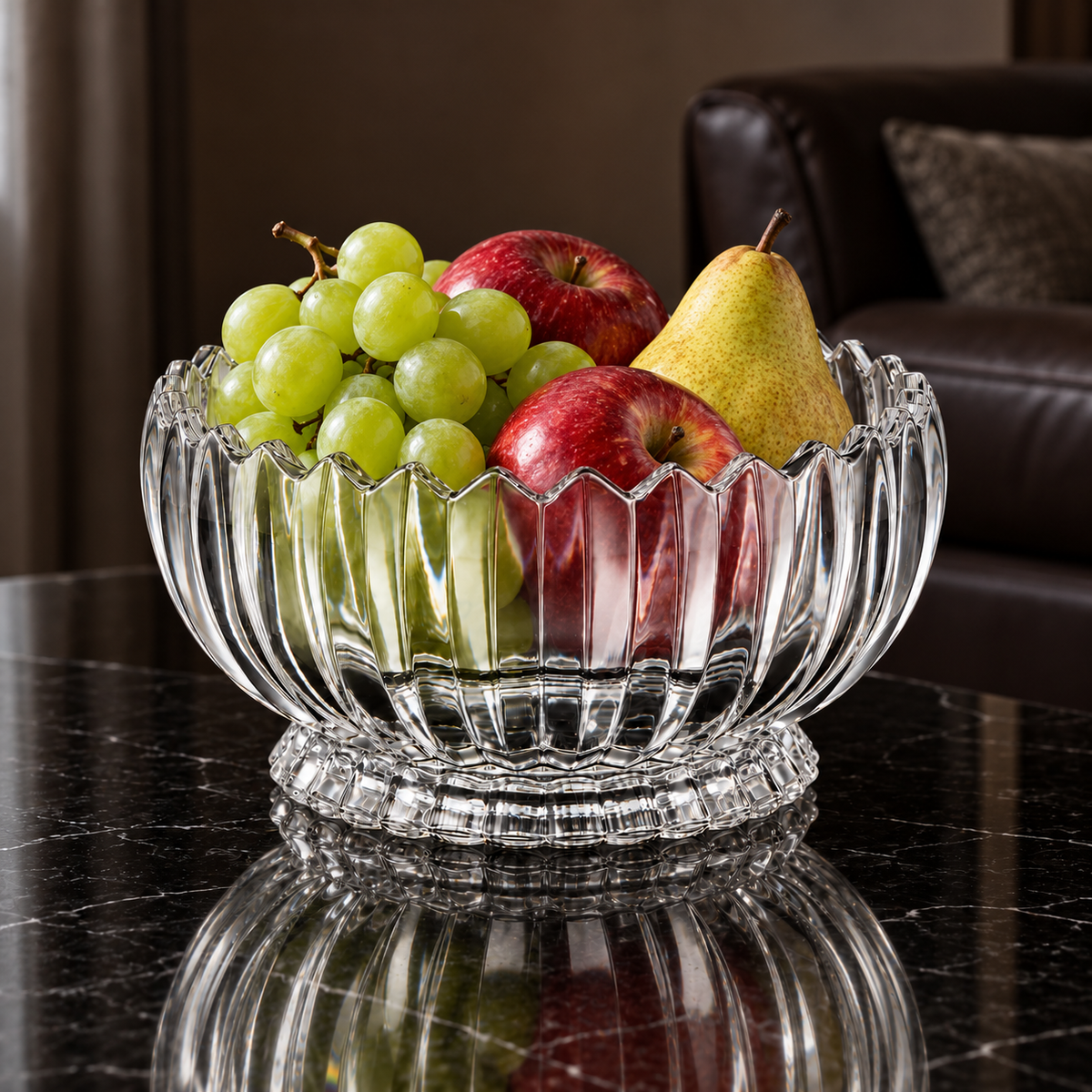 K-465 crystal fruit bowl with fresh fruit in a living room setting
