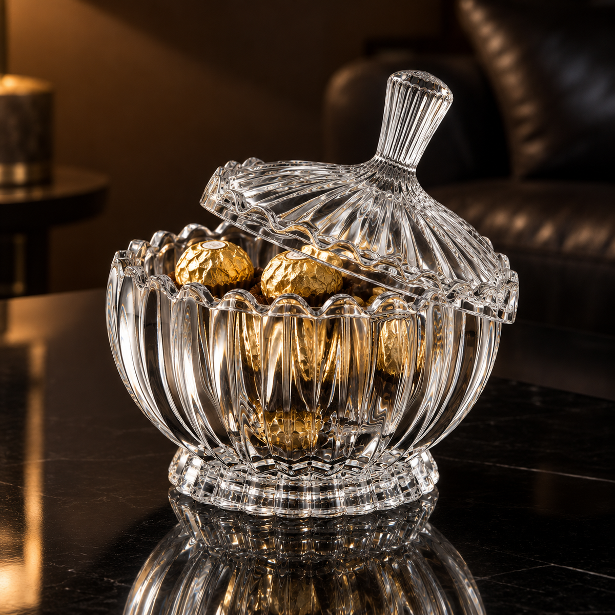 Crystal candy bowl with chocolates in living room