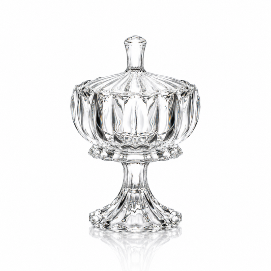 K-467 crystal footed candy bowl with lid on white