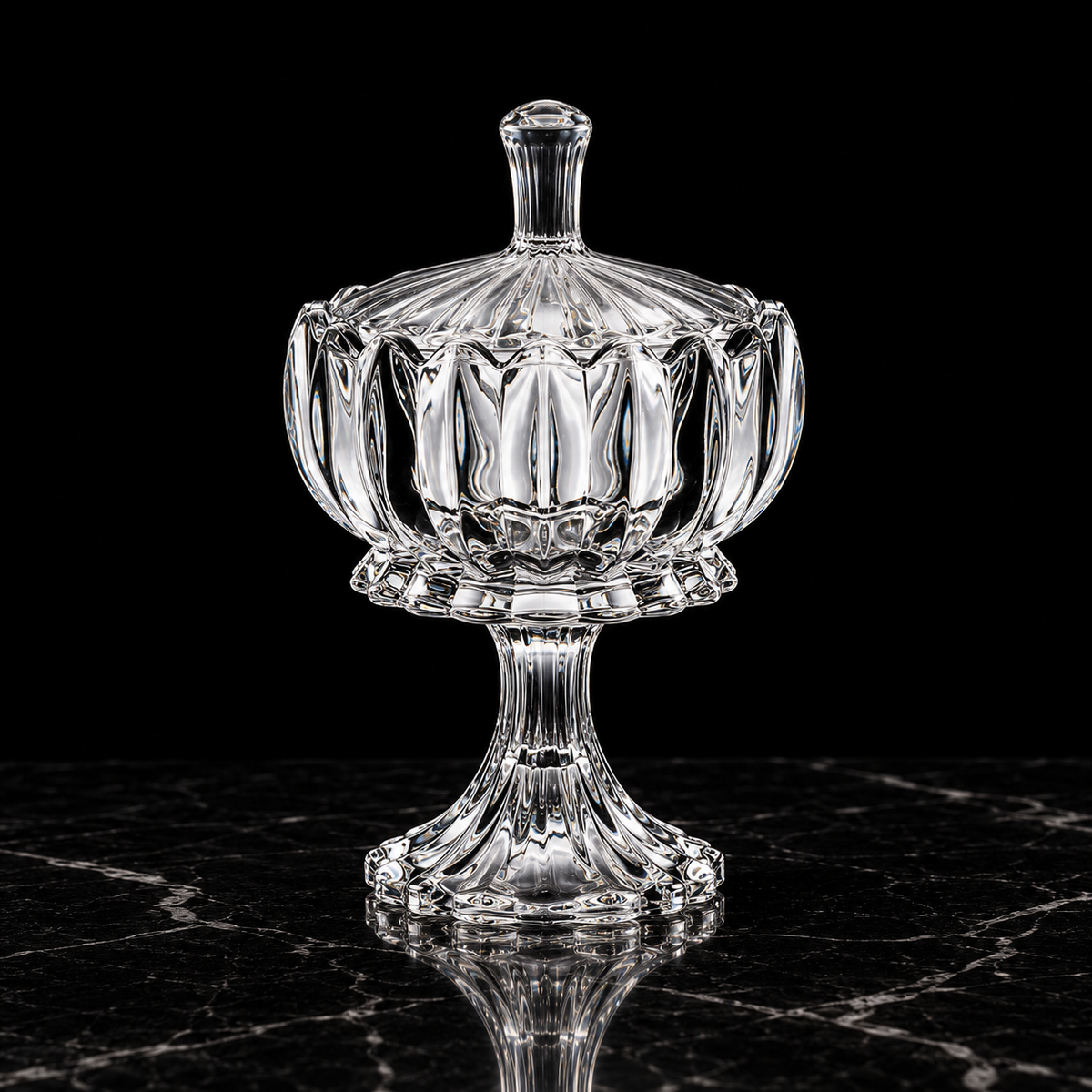 K-467 crystal footed candy bowl on black marble
