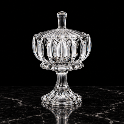 K-467 crystal footed candy bowl on black marble