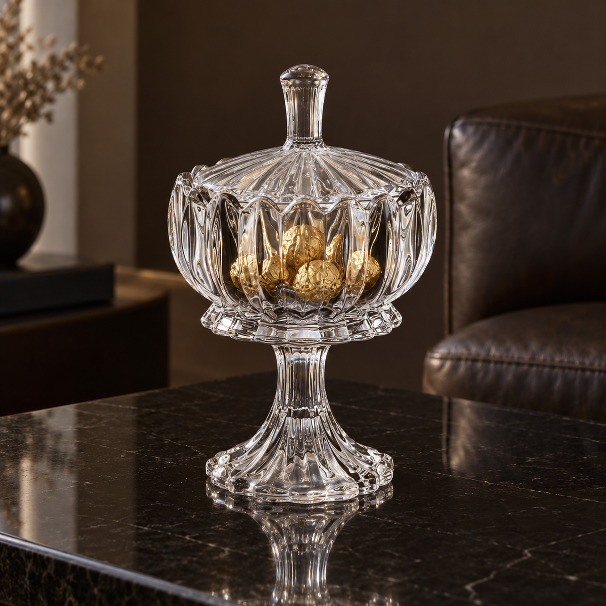 K-467 candy bowl with gold-wrapped chocolates in a living room