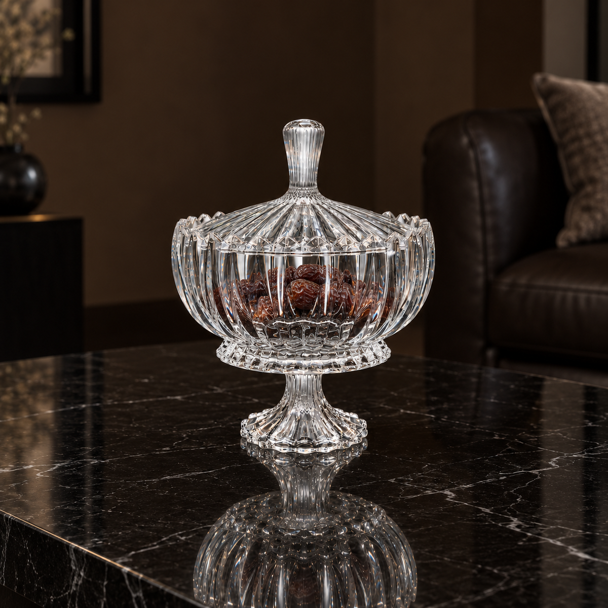 K-470 crystal candy bowl with dates in a living room setting