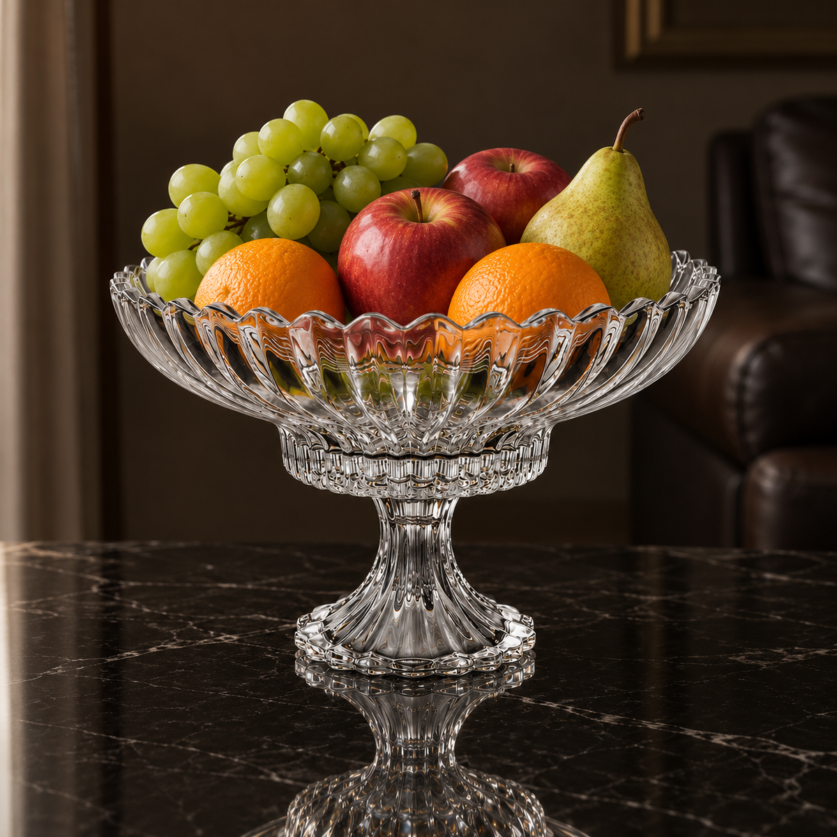 K-475 crystal fruit bowl with fresh fruit in a living room setting