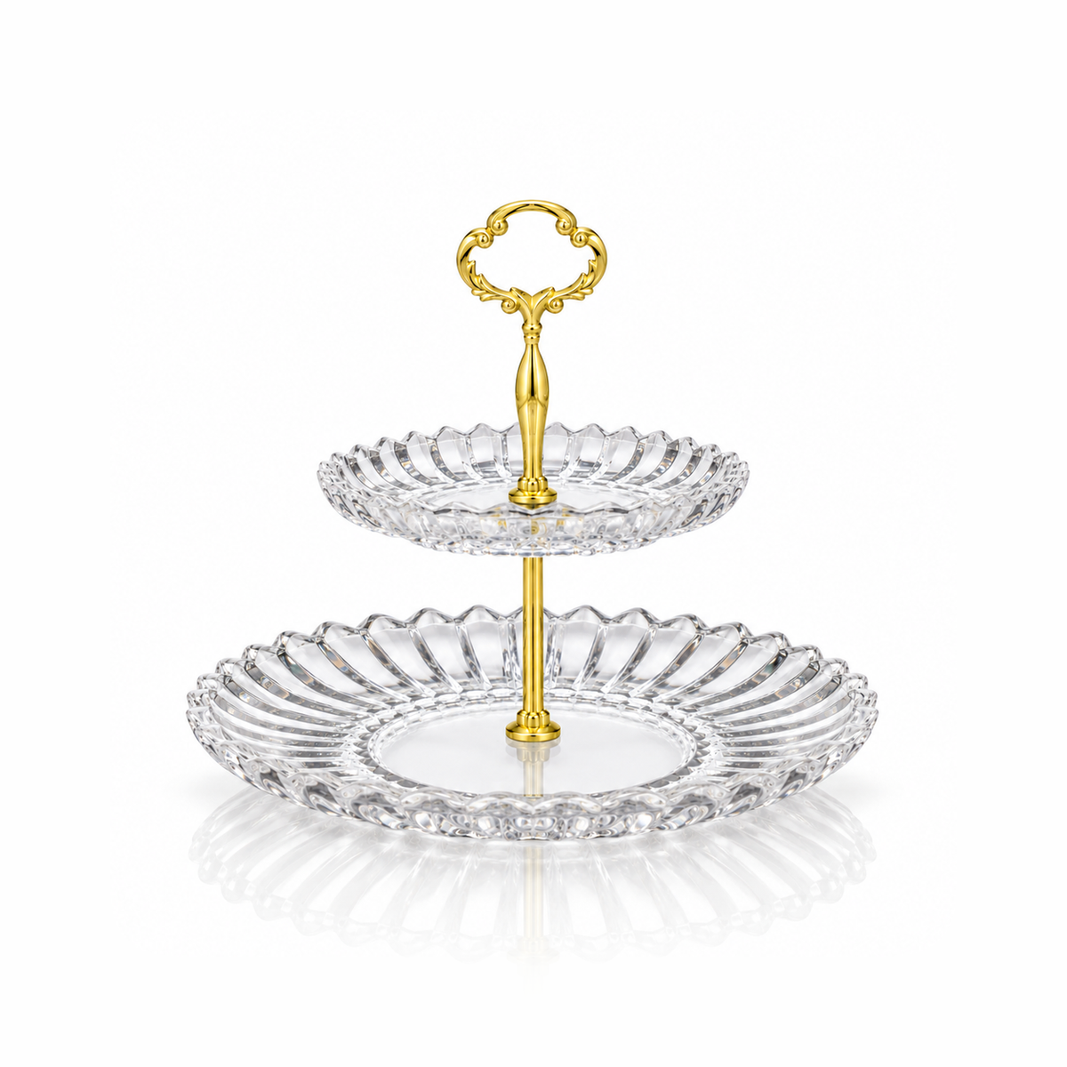 K-478 two-tier crystal serving stand with gold handle on white