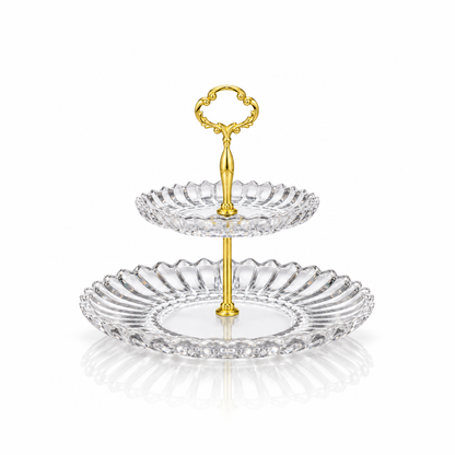 K-478 two-tier crystal serving stand with gold handle on white