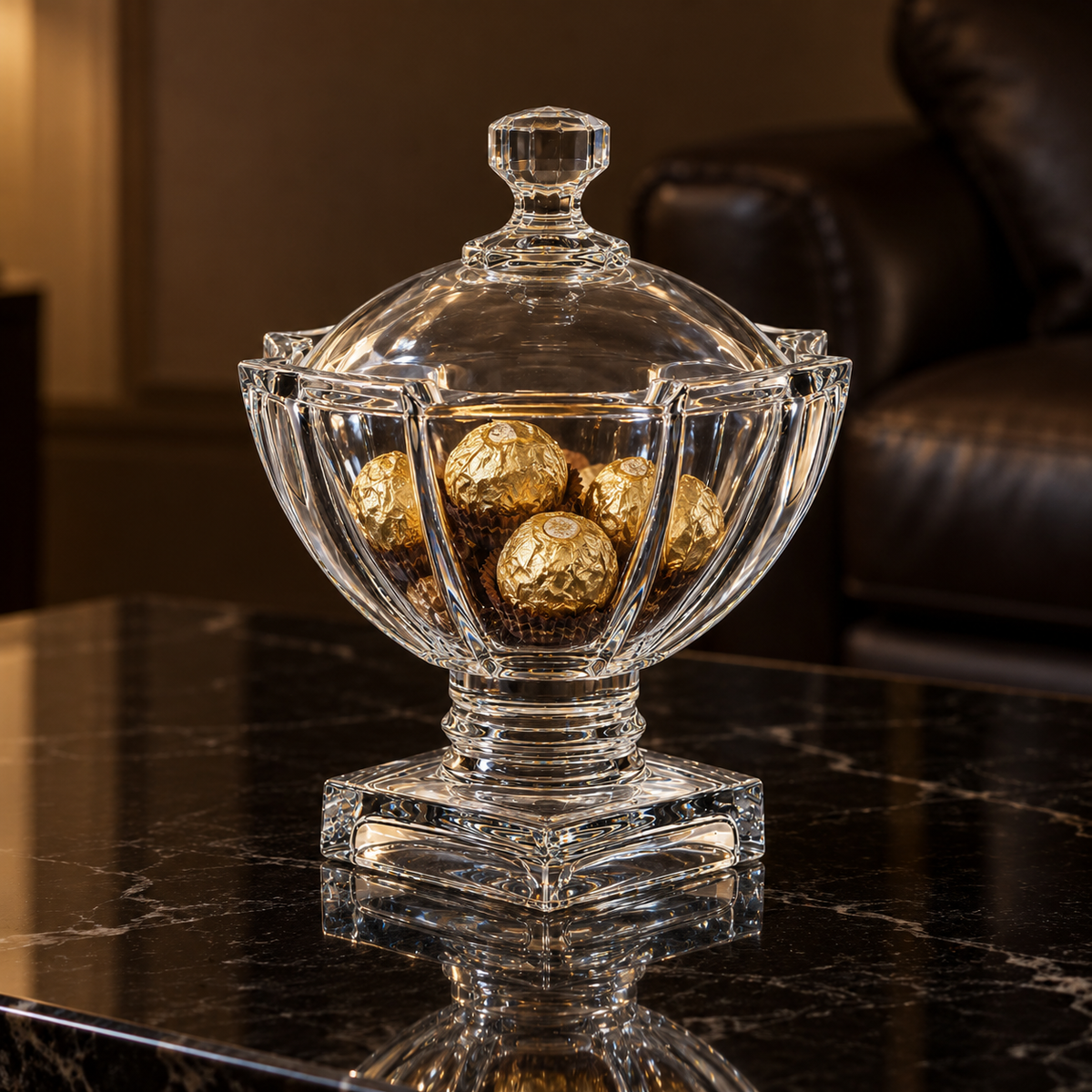 Crystal candy bowl with chocolates in living room