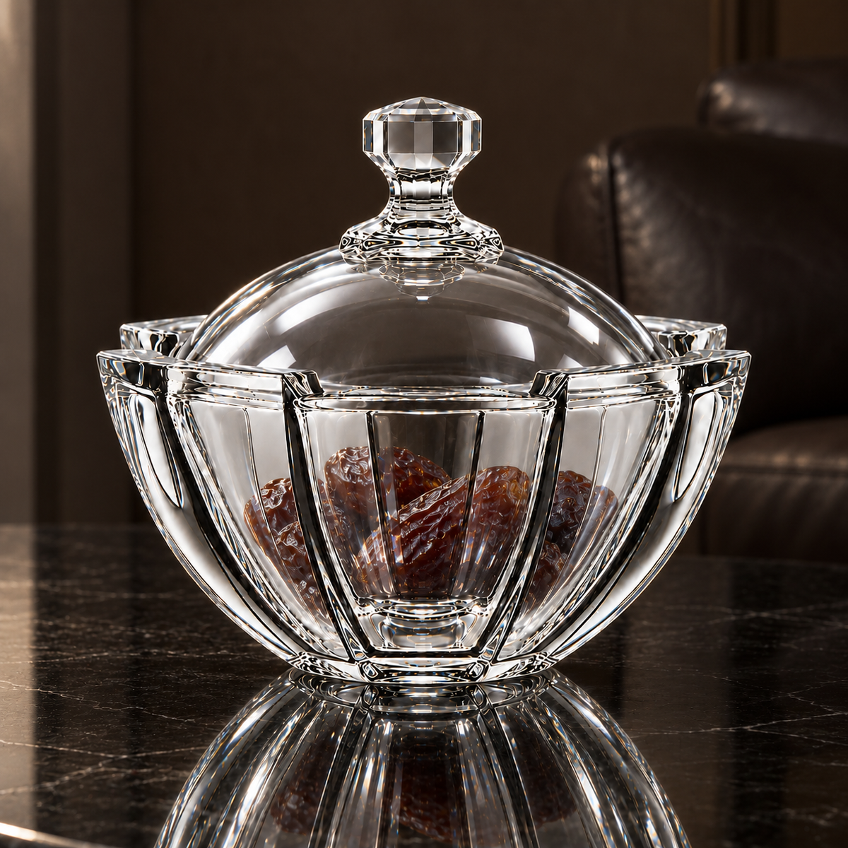 K-485 crystal bowl with dates in a living room