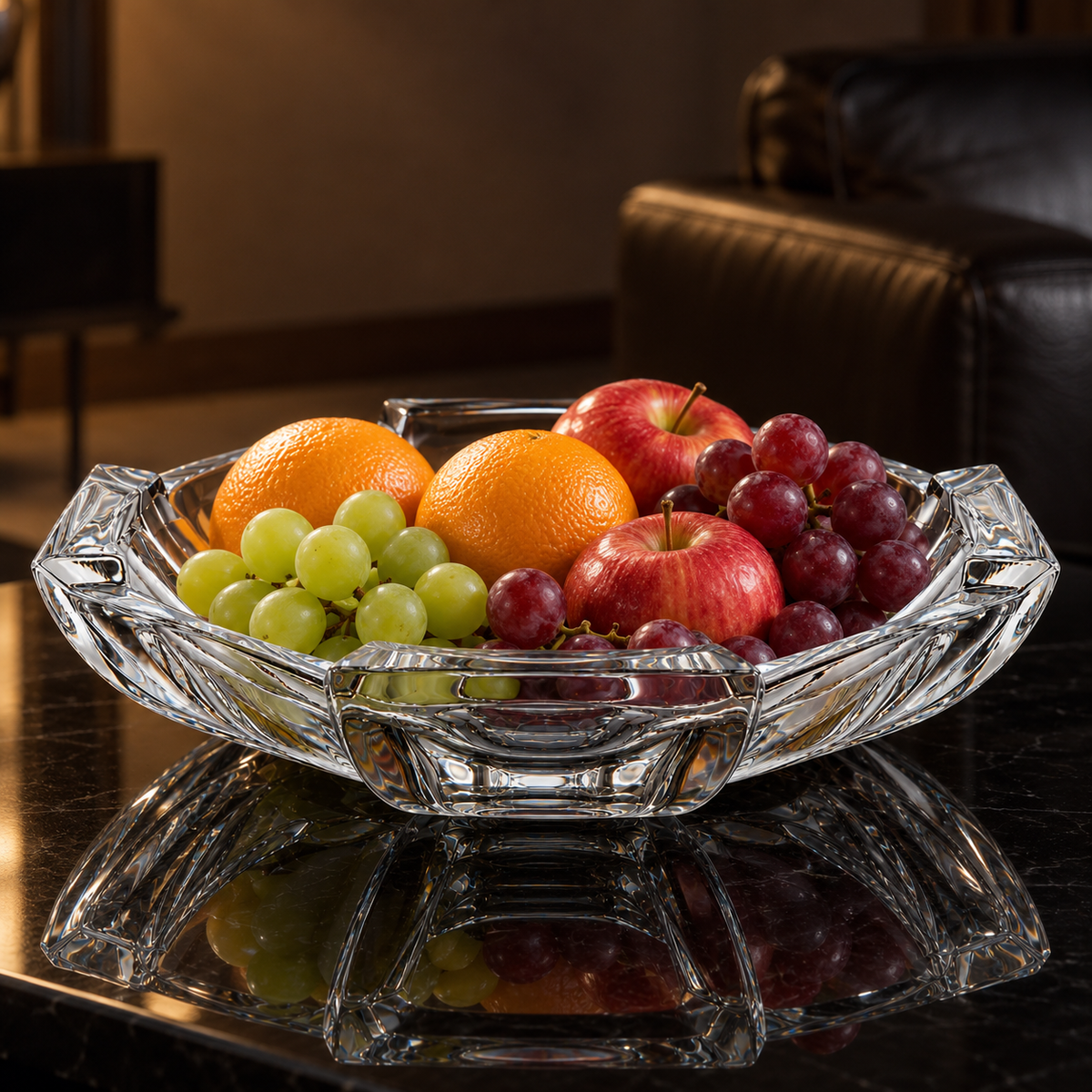Crystal fruit bowl with fruit in living room