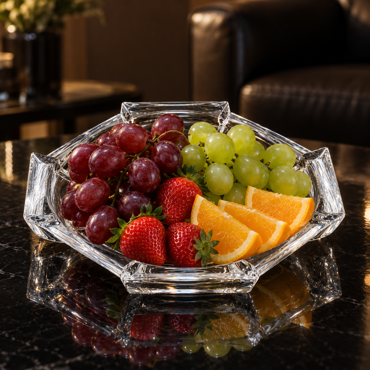Crystal plate with fruit in living room