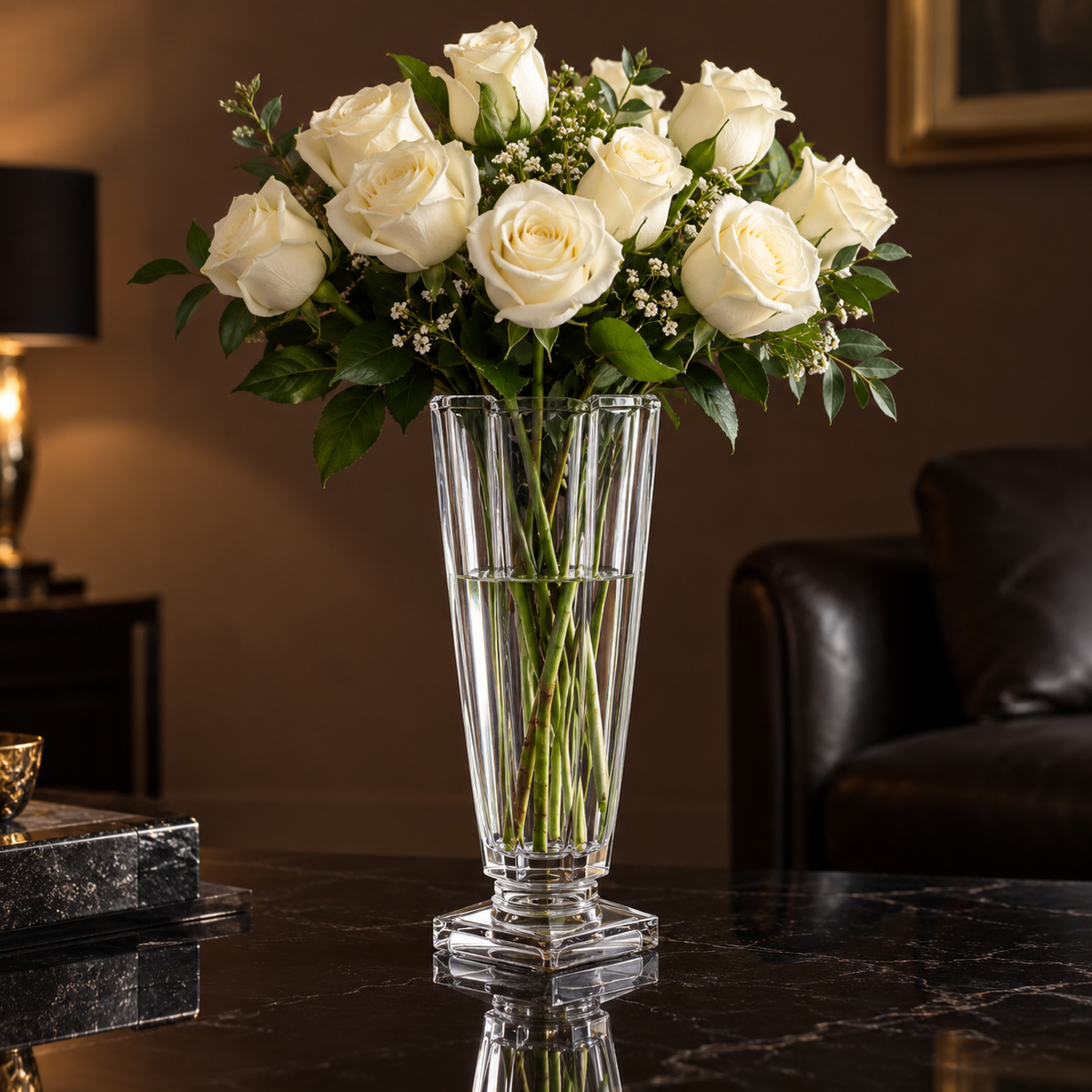 Crystal vase with white roses in living room