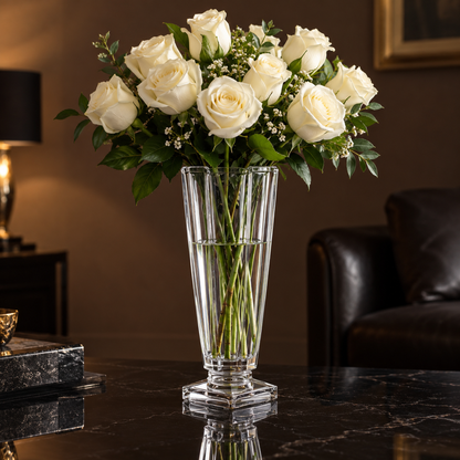 Crystal vase with white roses in living room