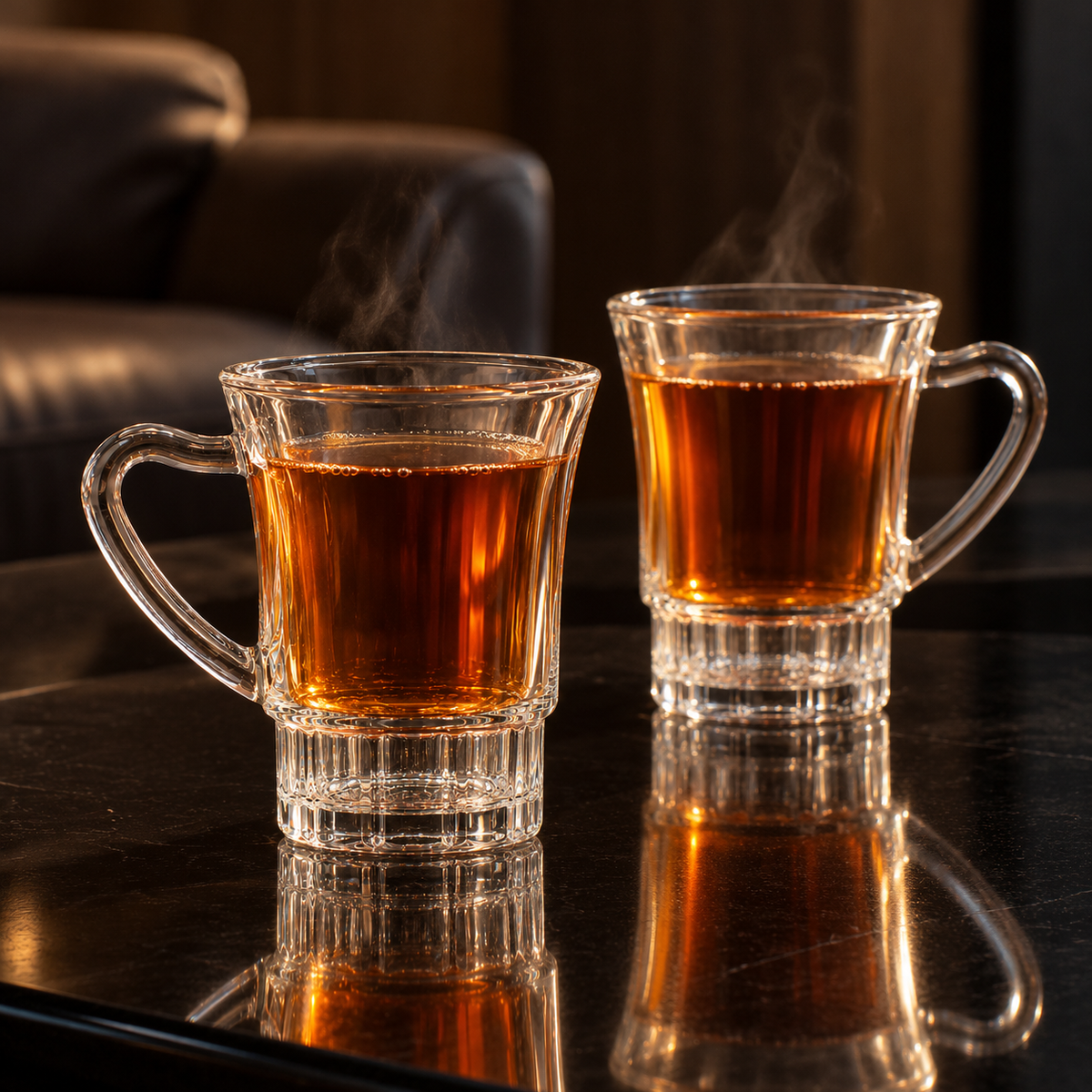 Glass mug with ribbed base in a living room