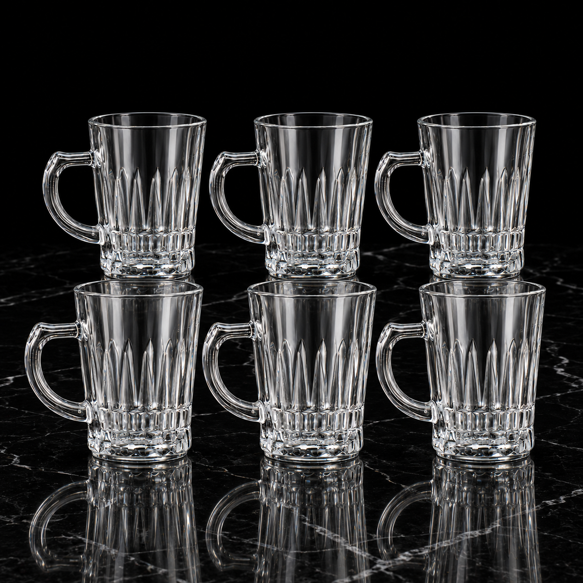 M-106 glass mugs on black marble