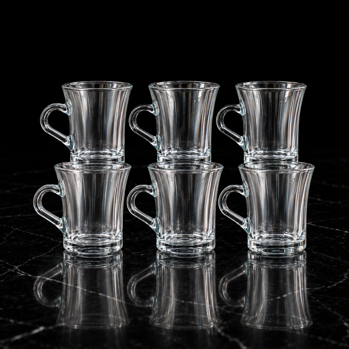 M-107 glass mugs on black marble