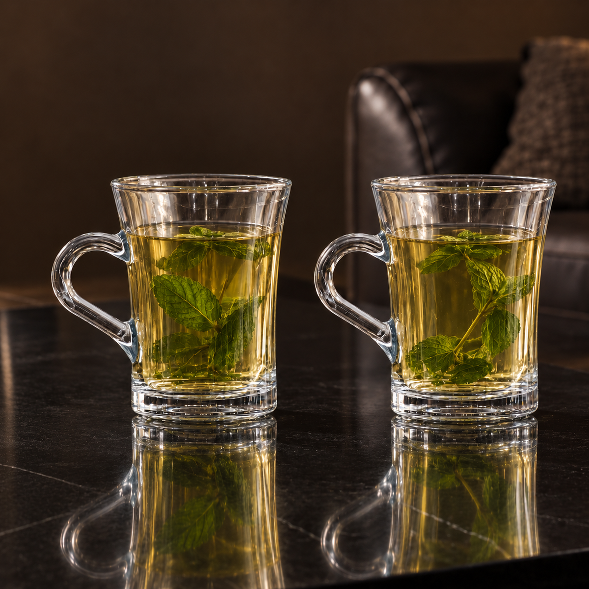 M-107 glass mugs with mint tea