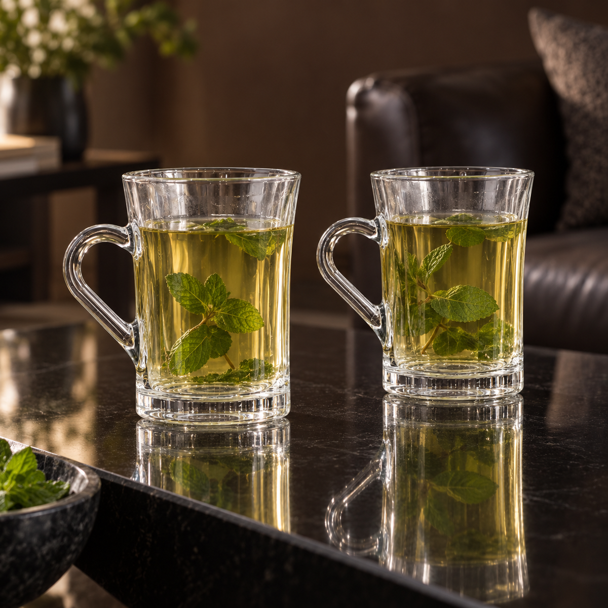 M-109 glass mugs with mint tea