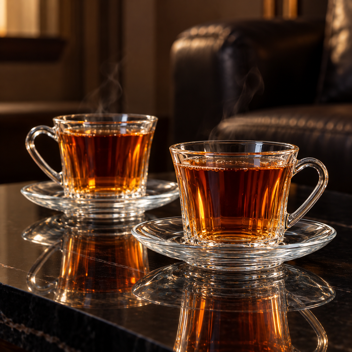 Glass tea cup and saucer in a living room