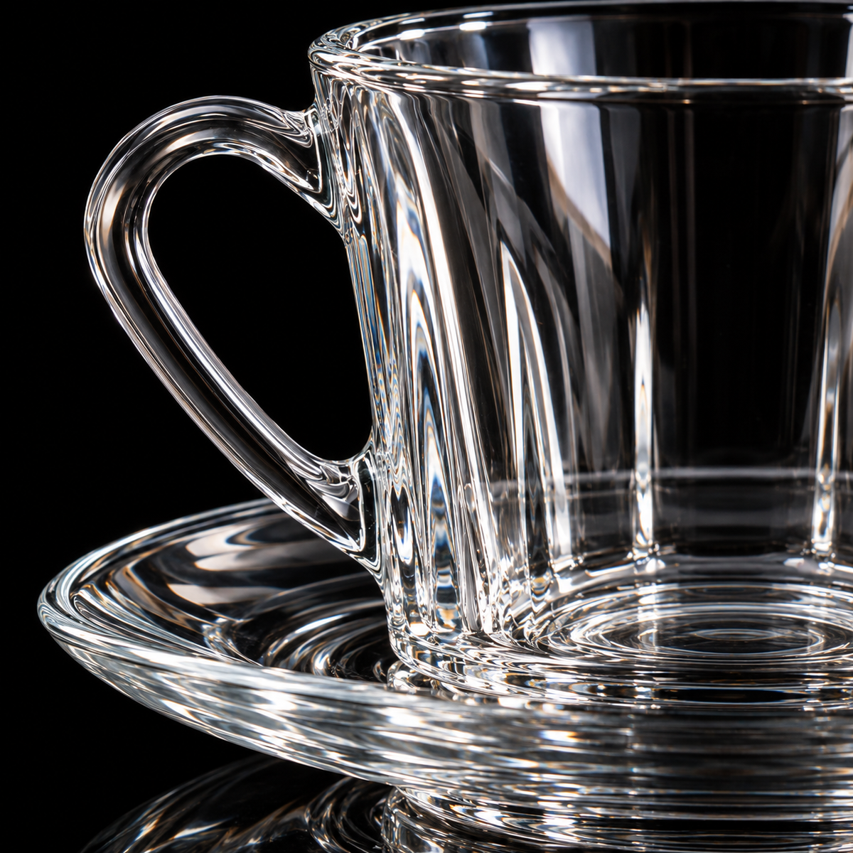 Glass tea cup and saucer detail