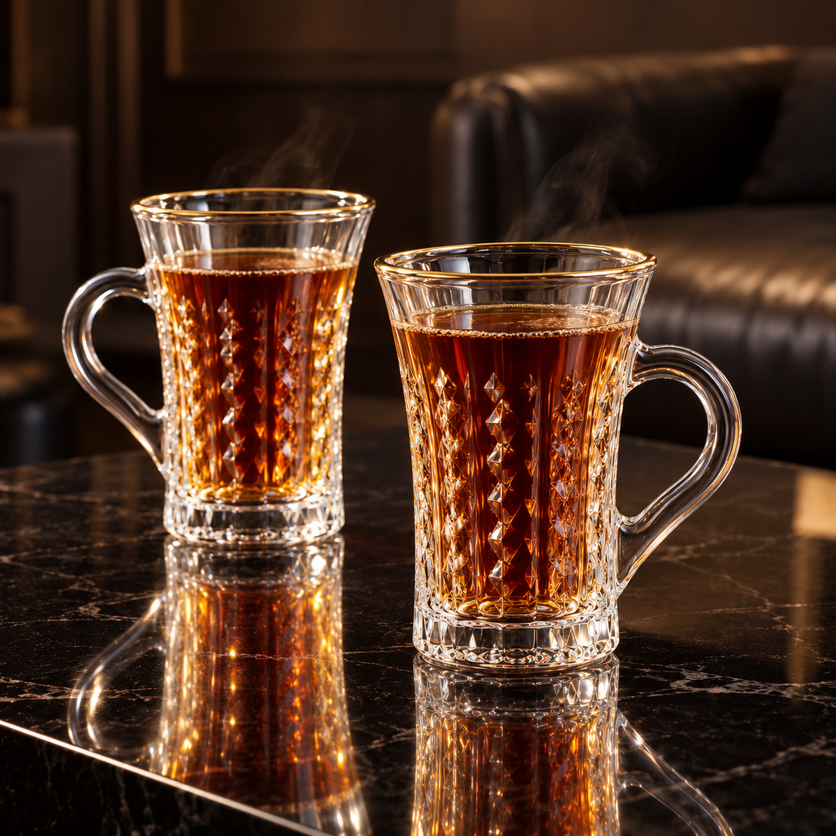 Crystal tea mug with gold rim in a living room