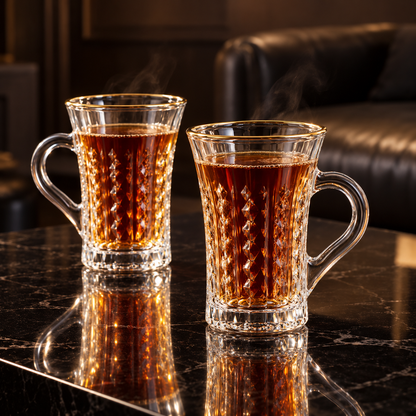Crystal tea mug with gold rim in a living room