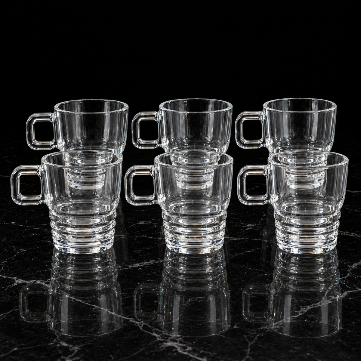 M-209 glass mugs on black marble