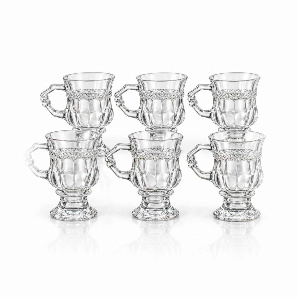 Set of six footed crystal tea glasses with diamond band