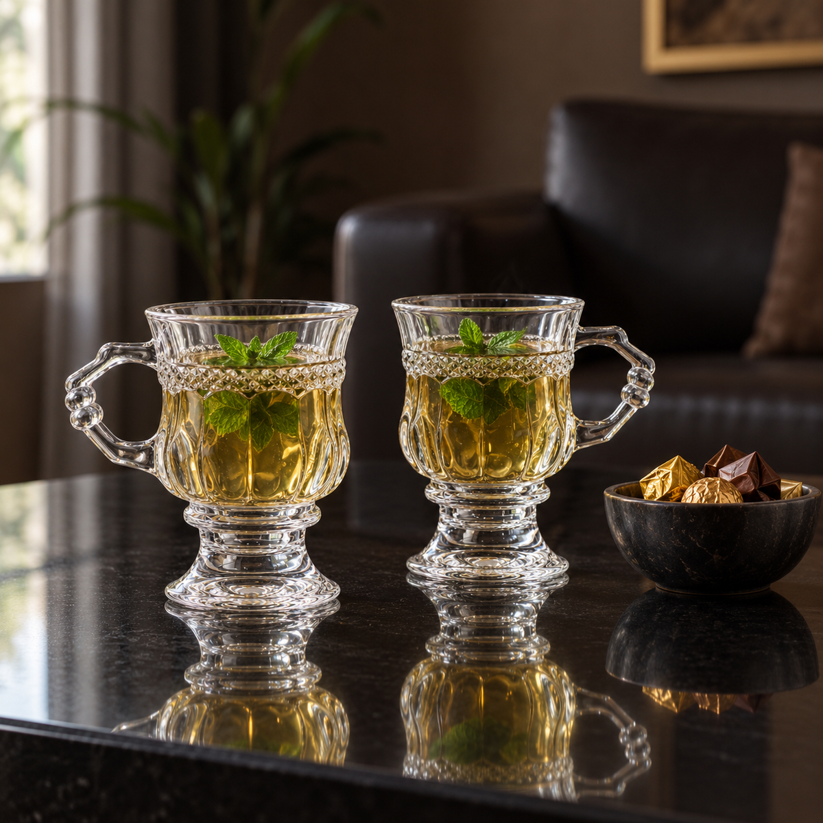 Two footed crystal tea glasses with mint tea in a living room
